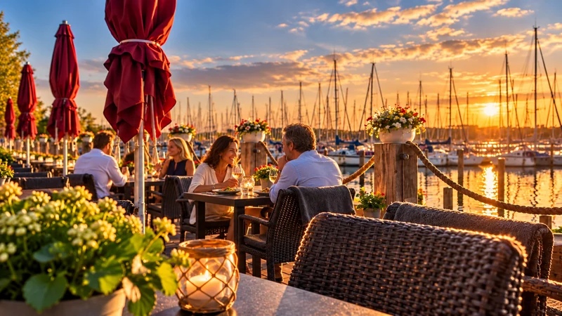 Hafenterrasse mit Blick auf die Segelboote