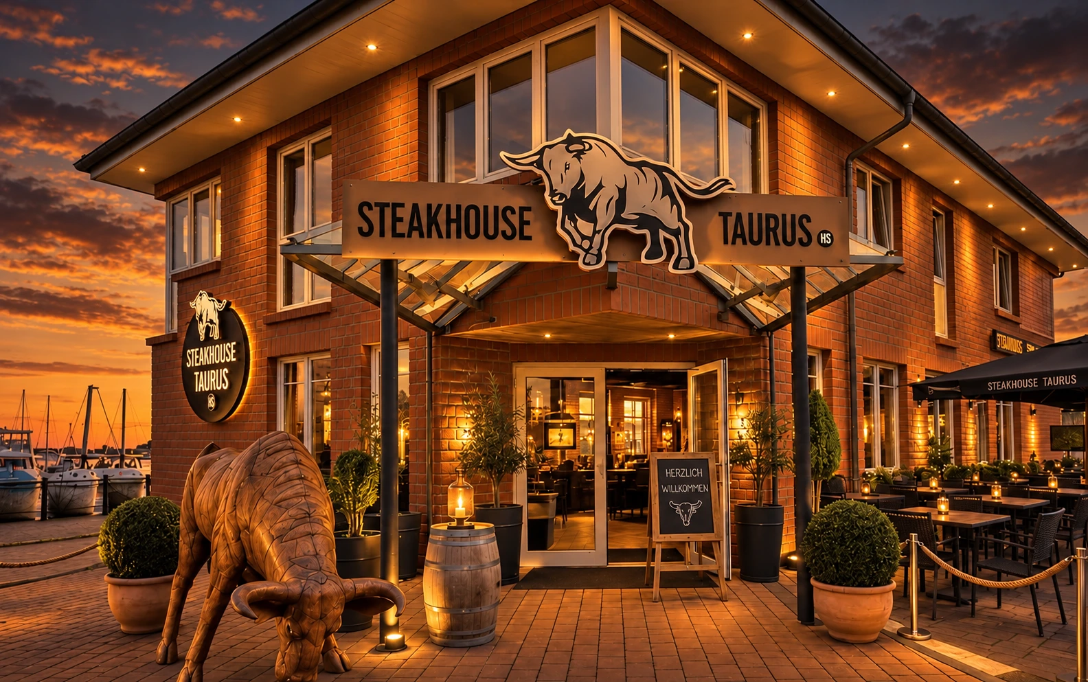 Taurus Heiligenhafen – Außenansicht mit beleuchtetem Schriftzug und Stier